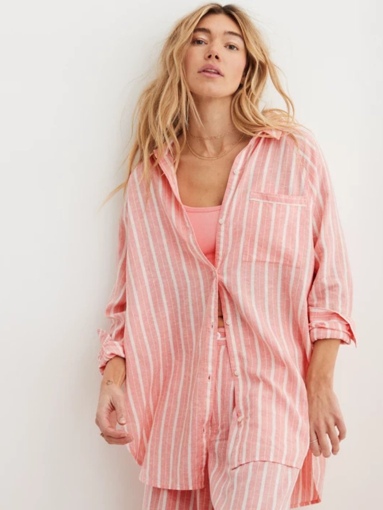 Aerie Linen Blend Coverup Shirt & Shorts Set In Spicy Coral